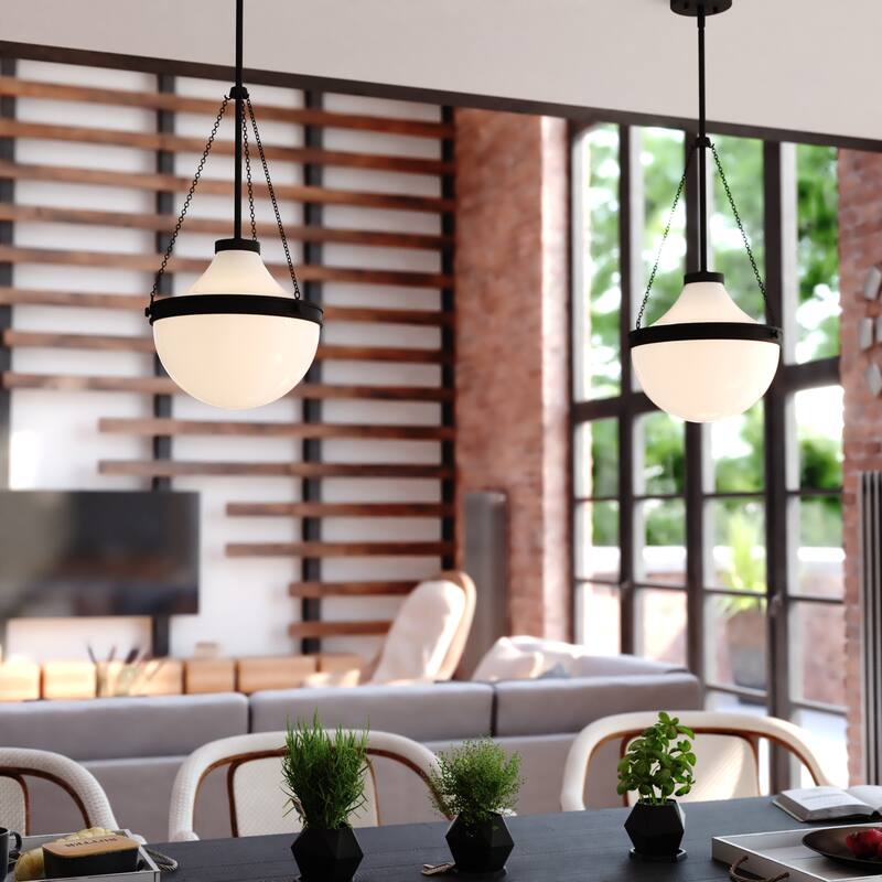 VAXCEL Lincoln 1-Light 12.75 in. Wide Globe Mini Pendant with White Milk Glass Shade, Adj Height Hanging Ceiling Fixture