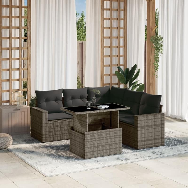 vidaXL Patio Sofa Set with Cushions Outdoor Furniture 6 Piece Poly Rattan - 21.7 x 39.4 x 28.7 - Grey