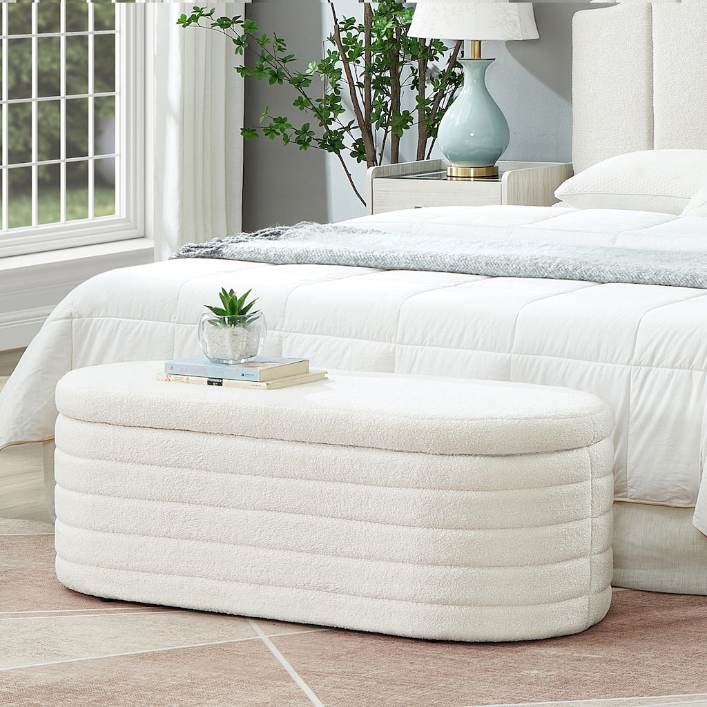 Modern Oval Storage Ottoman Bench,Upholstered Boucle Teddy Fabric End of Bed Bench with Storage,End of Bed Stool