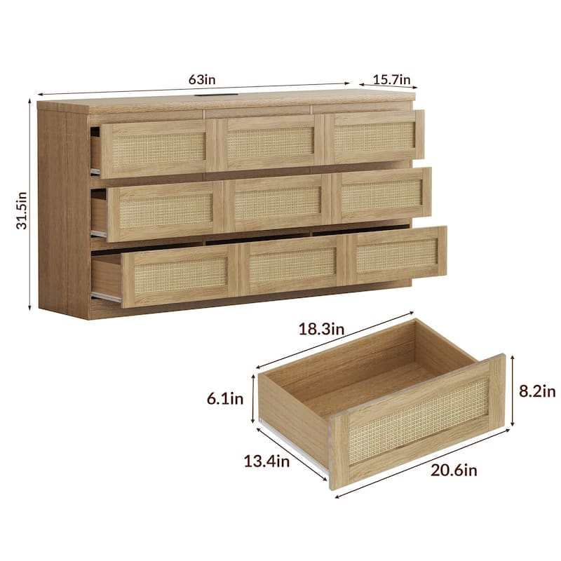 Farmhouse 9-Drawer Dresser with Rattan Accents and Built-In Charging Station, Wooden Storage Cabinet