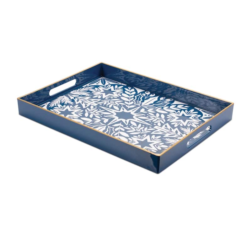 HomeRoots 16" Blue And White Geometric Star And Trees Serving Tray With Handles - 15.75 in. x 1.75 in. x 12 in.