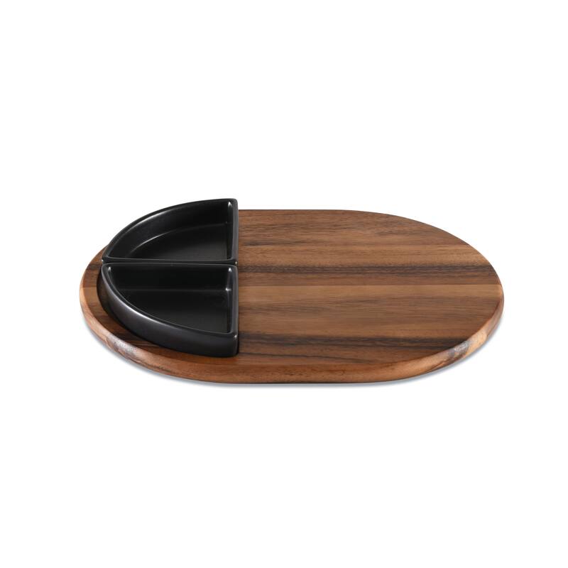 Charcuterie/ Serving Tray w/ 2 black triangular ceramic bowls - 3 Piece