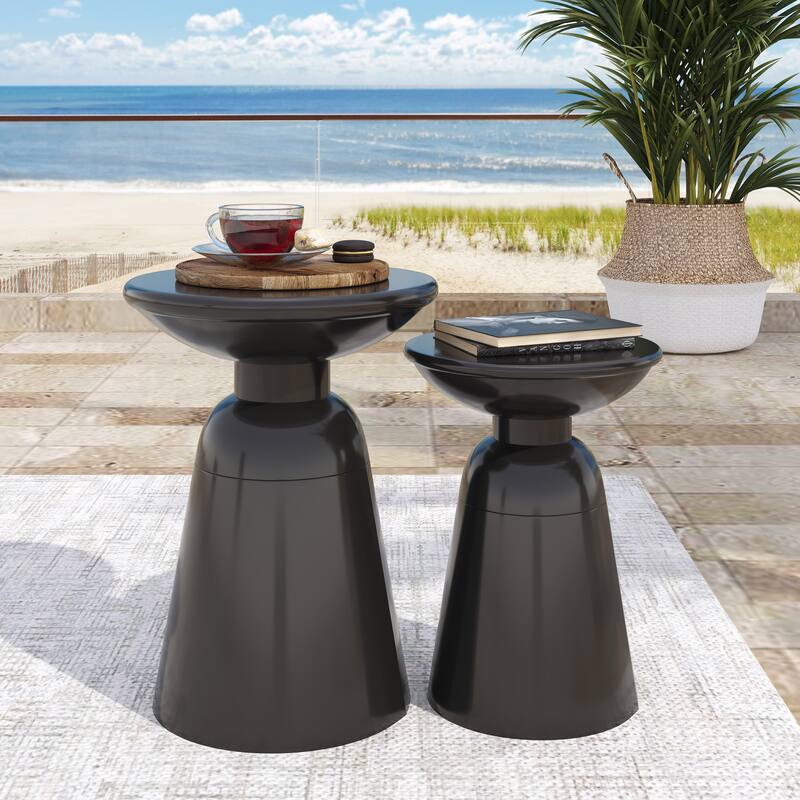 Serenita Outdoor Iron Side Tables with Flared Design, Set of 2, Black - 11.68