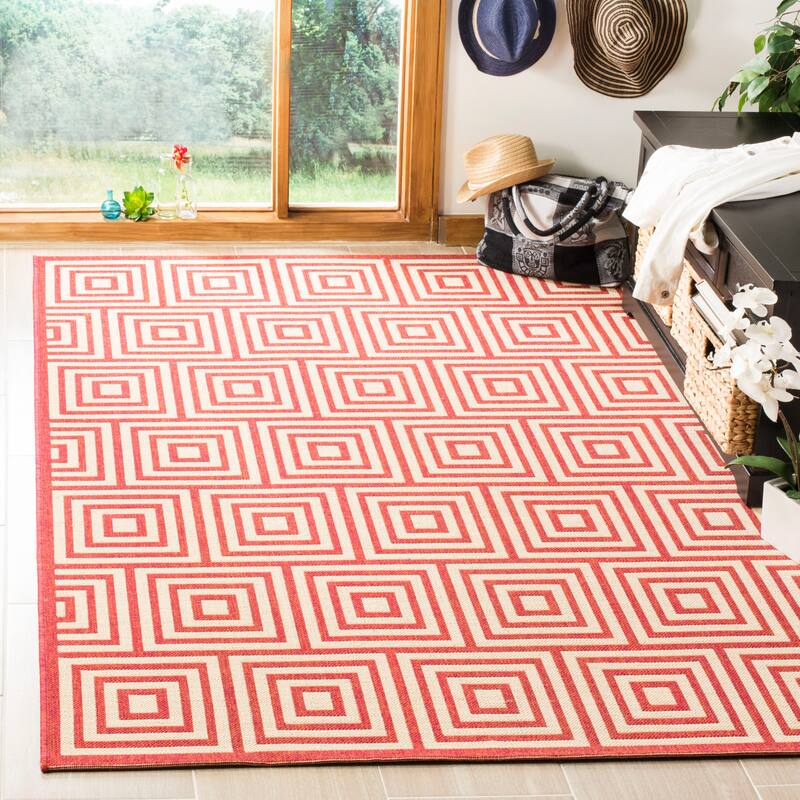 SAFAVIEH Linden Madita Indoor/ Outdoor Waterproof Patio Backyard Rug - 4' x 6' - Red/Creme