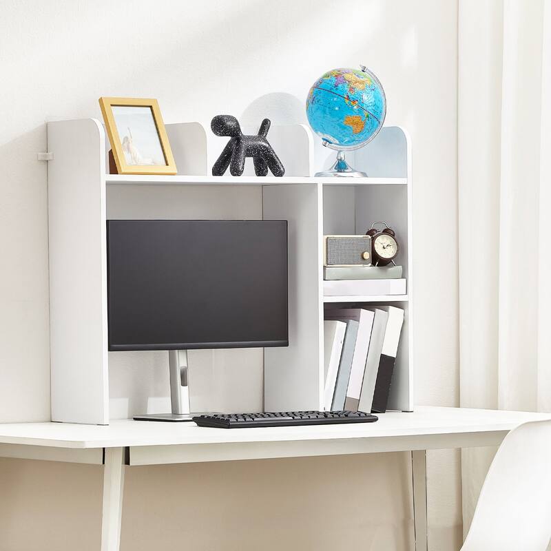 White Particle Board Desktop Bookshelf, 2 Shelves, Anti-Tip Design - 37.2" L x 9.5" W x 28.9" H