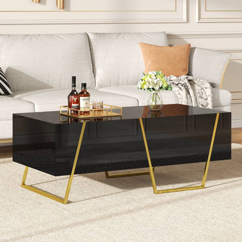 47.2" Modern Rectangular High Gloss Coffee Table for Living Room with Storage and Gold Base, 4 drawers, Black