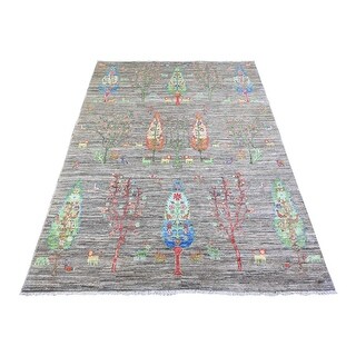 Shahbanu Rugs Ice Gray Ethnic Large Scale Tree Design Soft Wool Hand ...