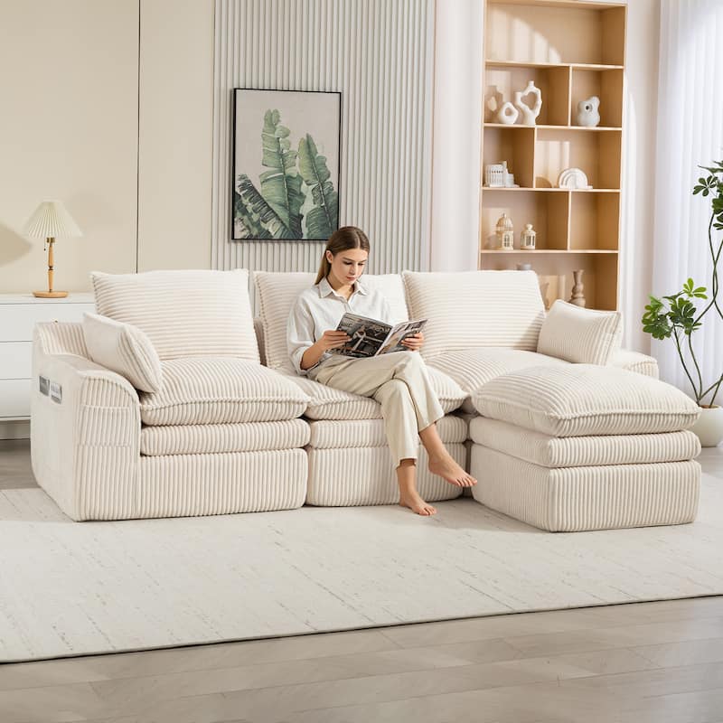 L Shaped Sectional Sofa Corduroy Upholstered Boneless Couches with Movable Footstool, With Three Pillows and Two Lumbar Pillows
