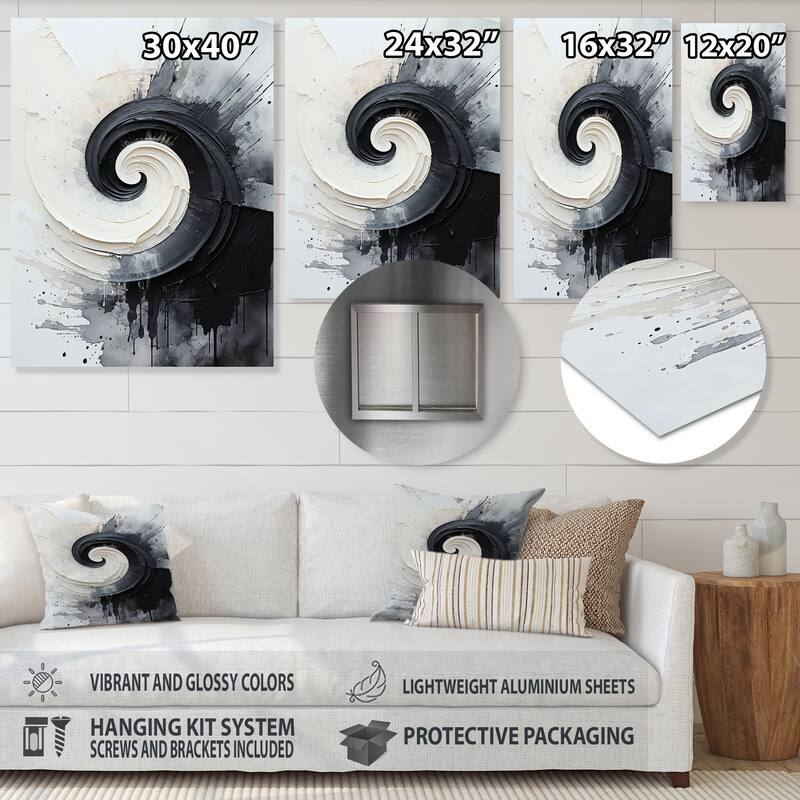 Designart "Black And White Zen Spiral I" Abstract Spirals Metal Wall Art Prints
