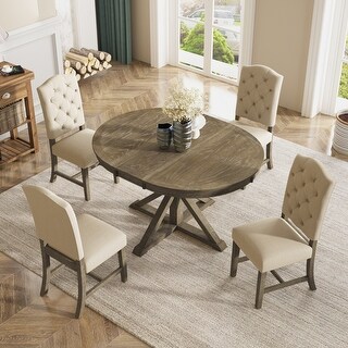 Round 5-Piece Wood Extendable Dining Table Set with Fabric Upholstered ...