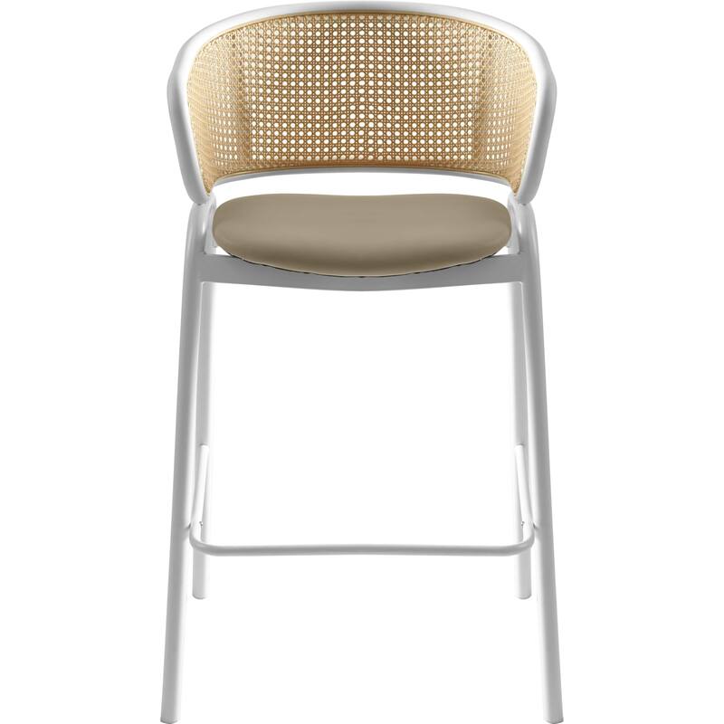 LeisureMod Ervilla Set of 2 Modern Wicker Leather Bar Stool with Curved Back & White Steel Frame for Home Office Dining Room