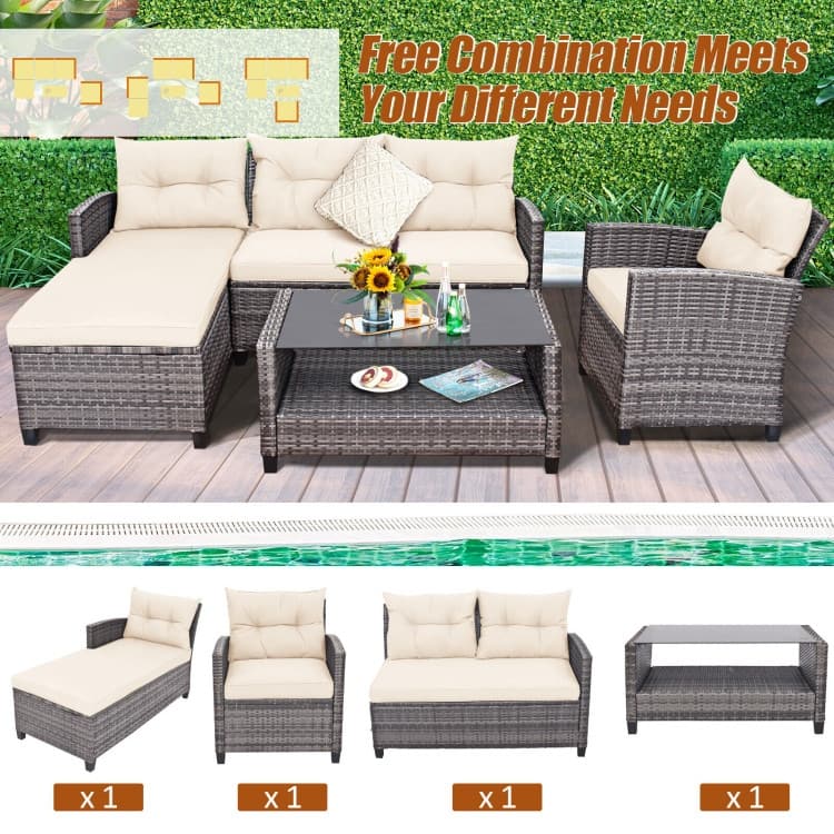 4 Pieces Patio Rattan Furniture Set with Cushion and Table Shelf - 27.5" x 47" x 30" (L x W x H)