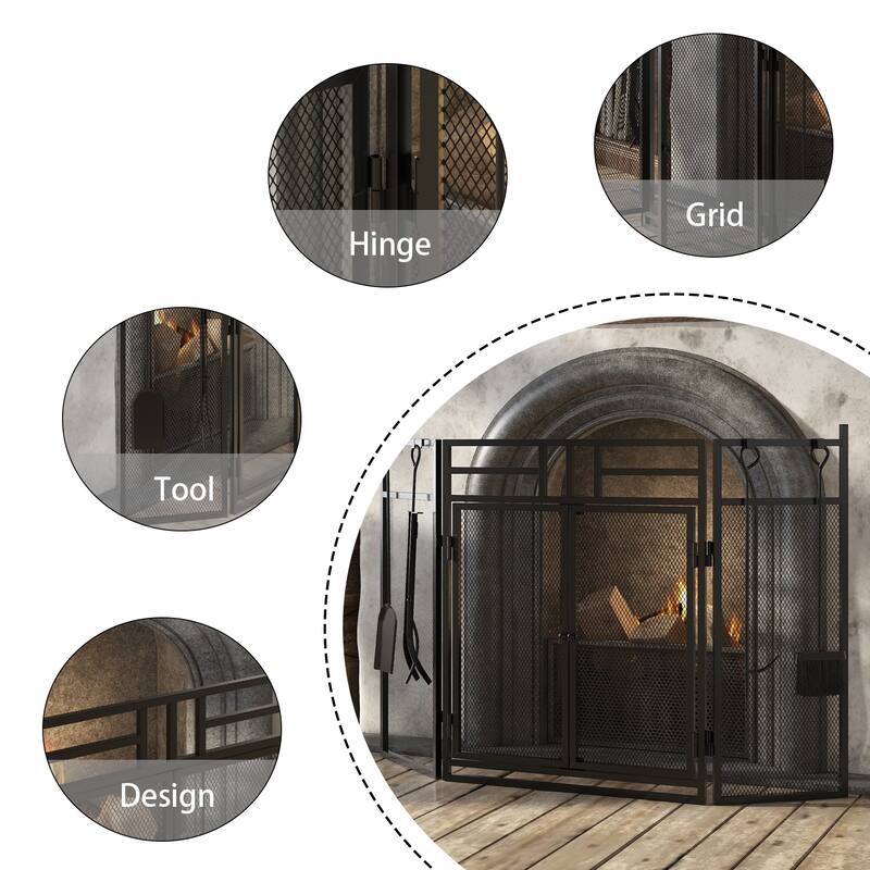 3-Panel Fireplace Screen with Doors and Tools Set, Wrought Iron Mesh Spark Guard for Indoor Fireplace Safety
