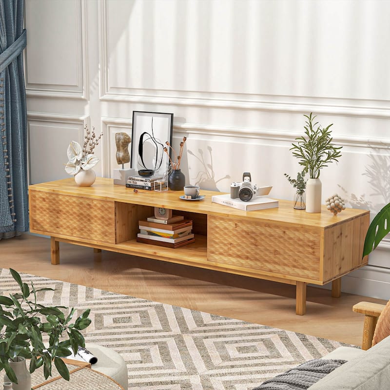 Costway 63" Bamboo TV Stand with 3 Storage Cubes Sliding Doors Mid - See Details