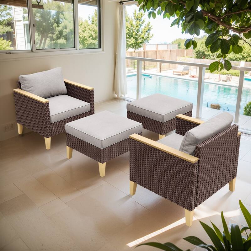 Gymojoy PE Rattan Patio Chairs, Ottoman Set - Brown - Beige