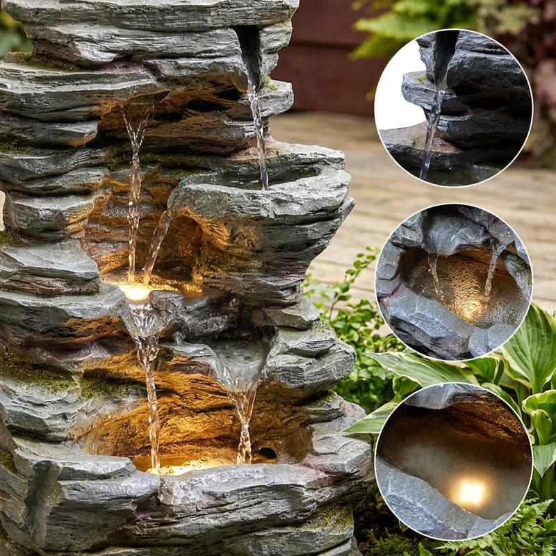 Outdoor Four-Tier Rock Fountain with LED Lighting and Natural Rock Design