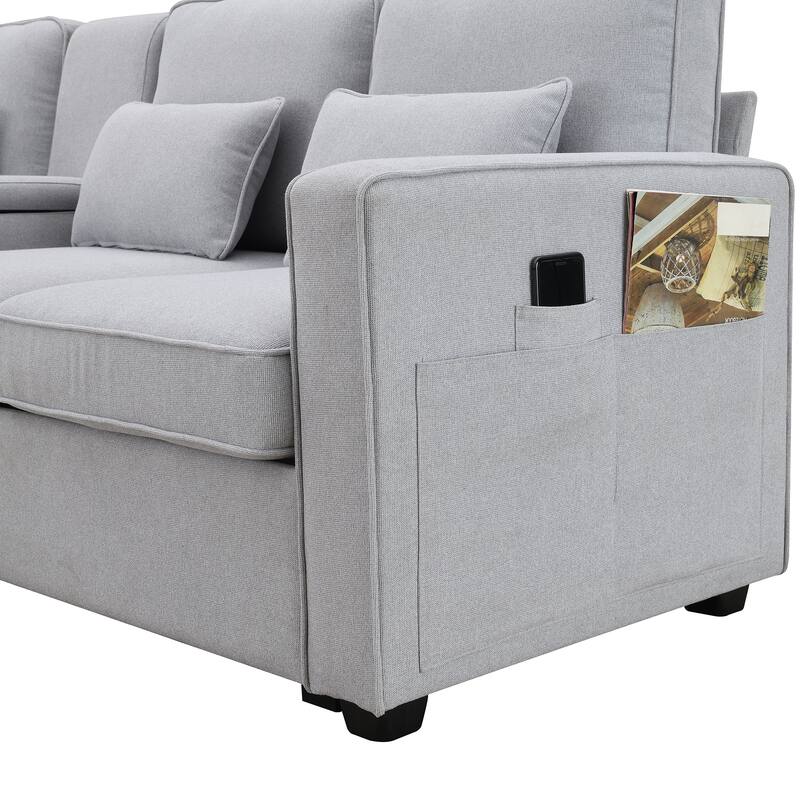 Spacious 4-Seater Linen Sofa with Armrest Storage Pockets, 104" Modern Couch with 4 Pillows for Home or Office