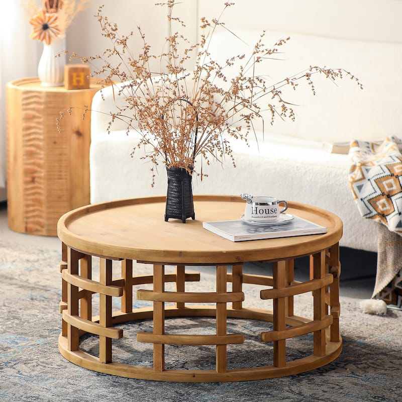 31.5" Round Boho Coffee Table - Rustic Farmhouse Accent Table with Open-Frame Base, Solid Wood Finish Cocktail Table - Natural Wood