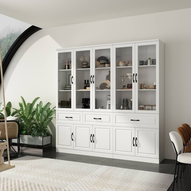 78.7"Modular White Curio Bookcase Cabinet w/Glass Doors Buffet Display