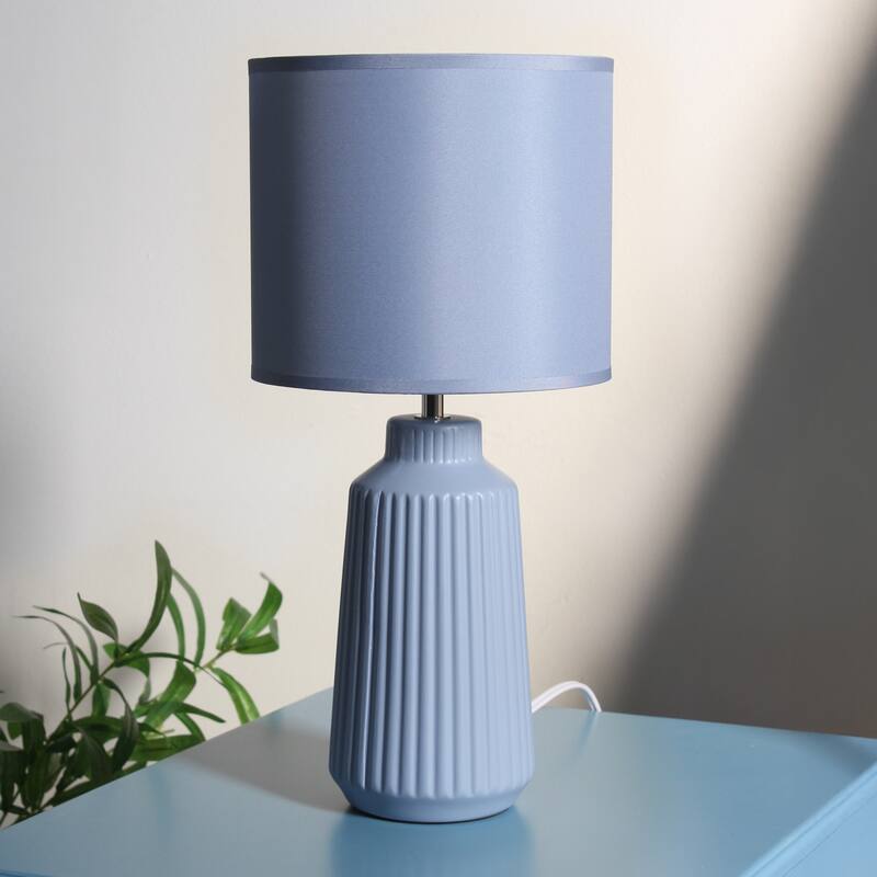 Vertical Grooved Ceramic Table Lamp with Drum Shade - 16" - Slate Blue