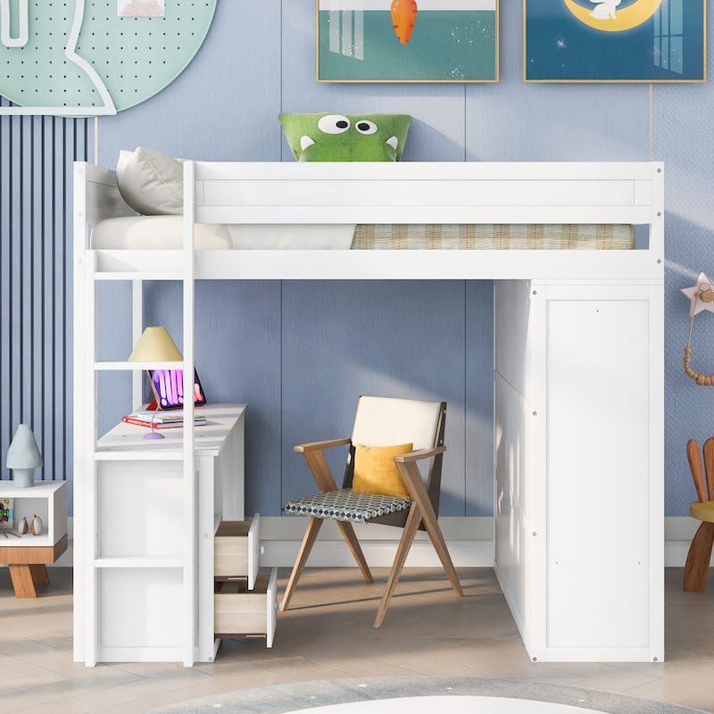 Full Pine Loft Bed with Wardrobes and Desk