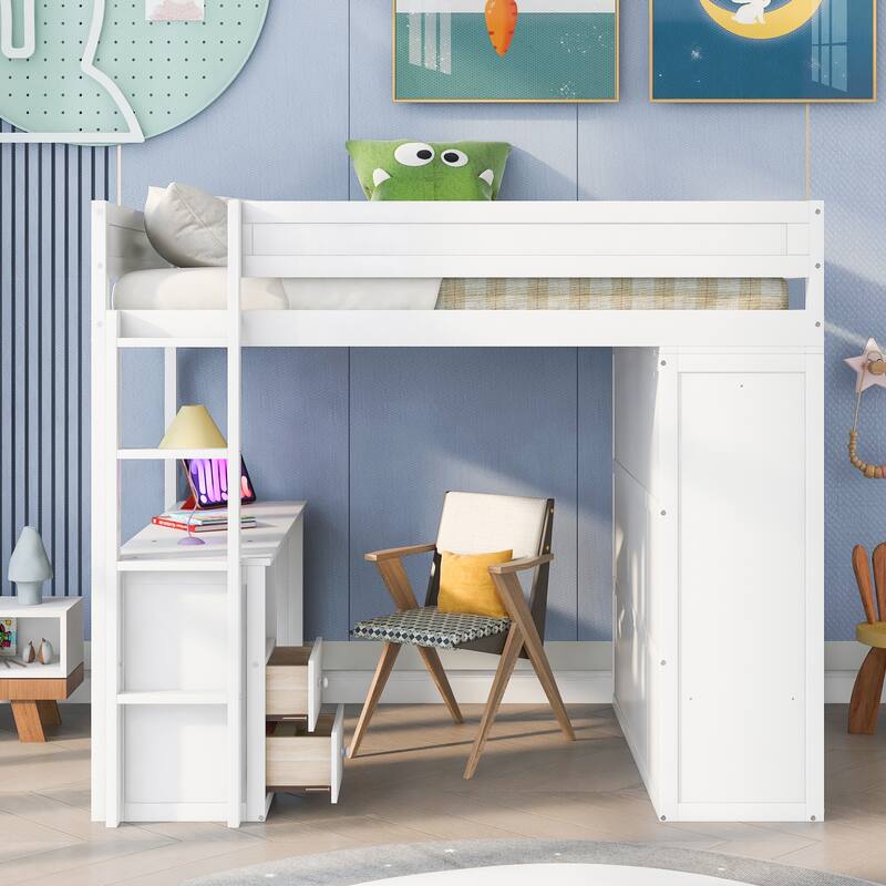 White Full Size Loft Bed with Wardrobe, Desk, and Storage Cabinet
