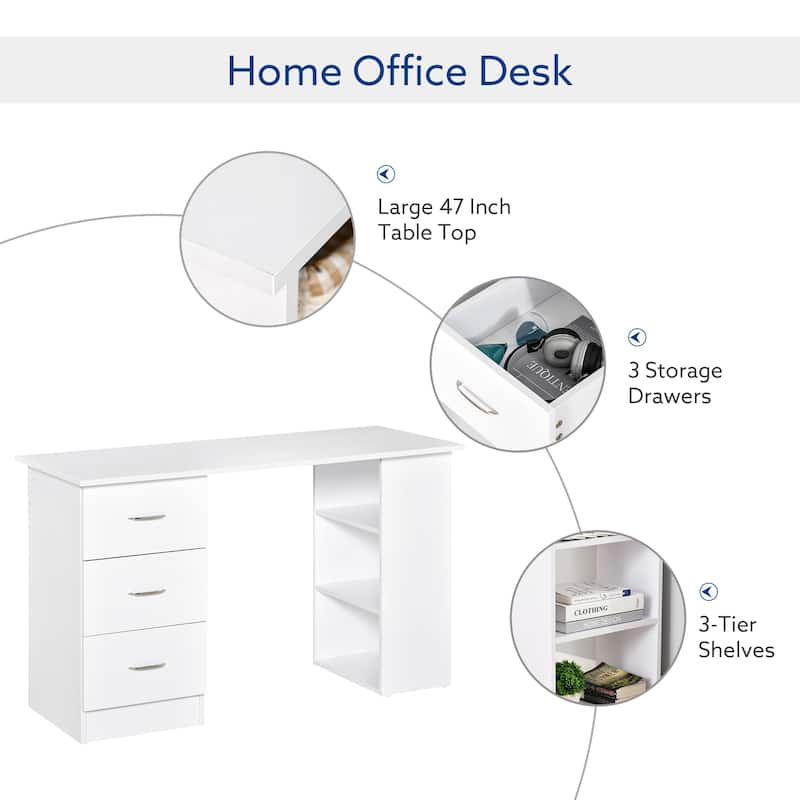 White MDF Desk with 3 Storage Drawers and Open Shelves for Home or Office