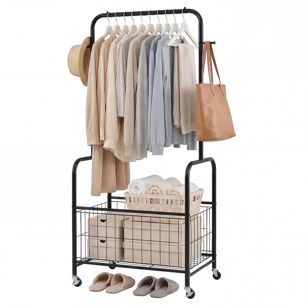 Gymax Rolling Clothes Rack w/Hanging Rod Side Hooks Storage Basket