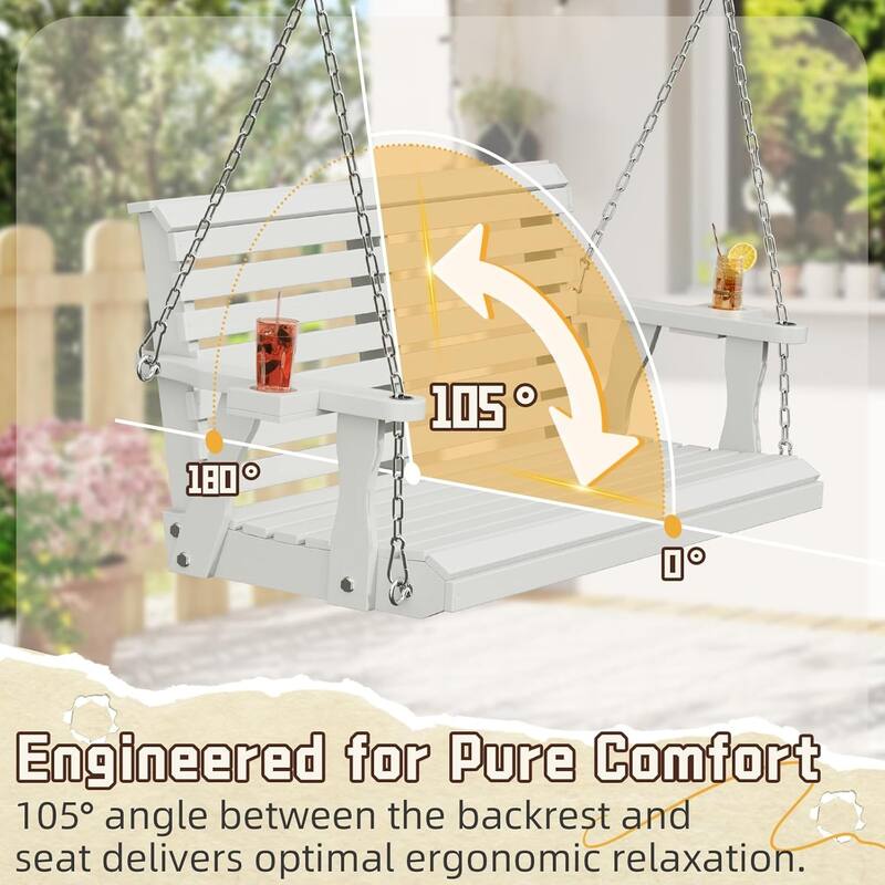 2-Seat Outdoor Wooden Porch Swing Bench with Hanging Chains & Wide Armrests & Cup Holder