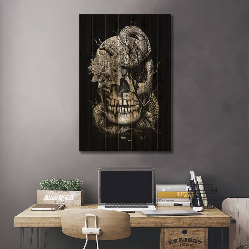 Snake And Skull In B&W Print On Wood by Nicebleed - Multi-Color