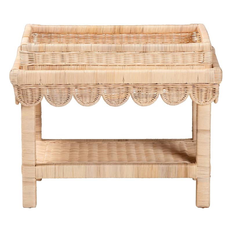 Weyman Scalloped Rattan End Table with Removable Tray Top - Handwoven Rattan Accent Table with Shelf, Coastal Boho Style