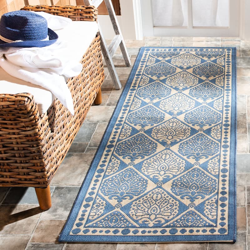 SAFAVIEH Courtyard Birgit Indoor/ Outdoor Waterproof Patio Backyard Rug - 2'3" x 6'7" Runner - Blue/Ivory