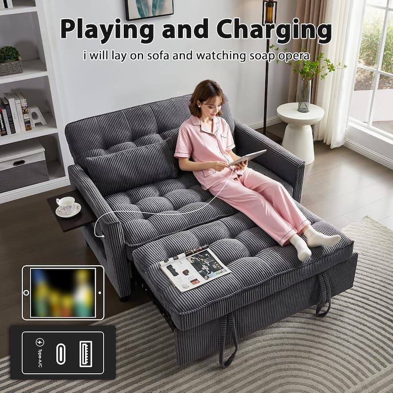 Sleeper Sofa Bed, 52" Convertible Pull Out Couch with Small Table,USB Port,Side Pockets,Corduroy Fabric,Adjustable Backrest