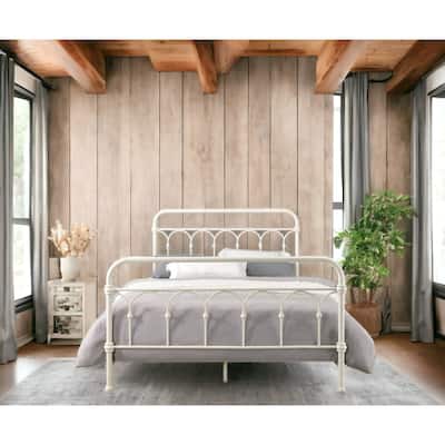 Full Size Metal Bed Frame with Spindle Headboard and Footboard, White Finish Platform Base with 6 Legs for Extra Support