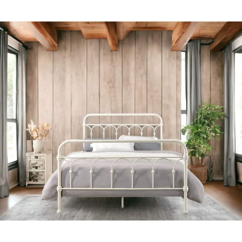 Full Size Metal Spindle Panel Bed with Classic Headboard and 330lbs Capacity - White