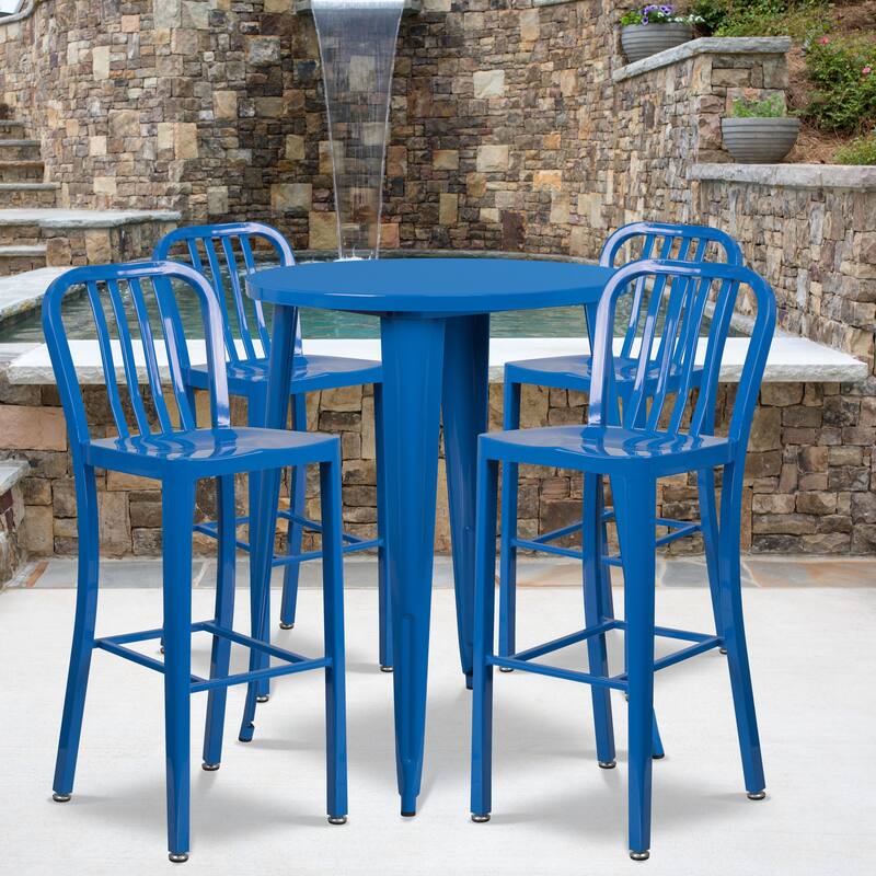 30'' Round Metal Indoor-Outdoor Bar Table Set with 4 Vertical Slat Back Stools - 30"W x 30"D x 41"H - 30"W x 30"D x 41"H - Blue