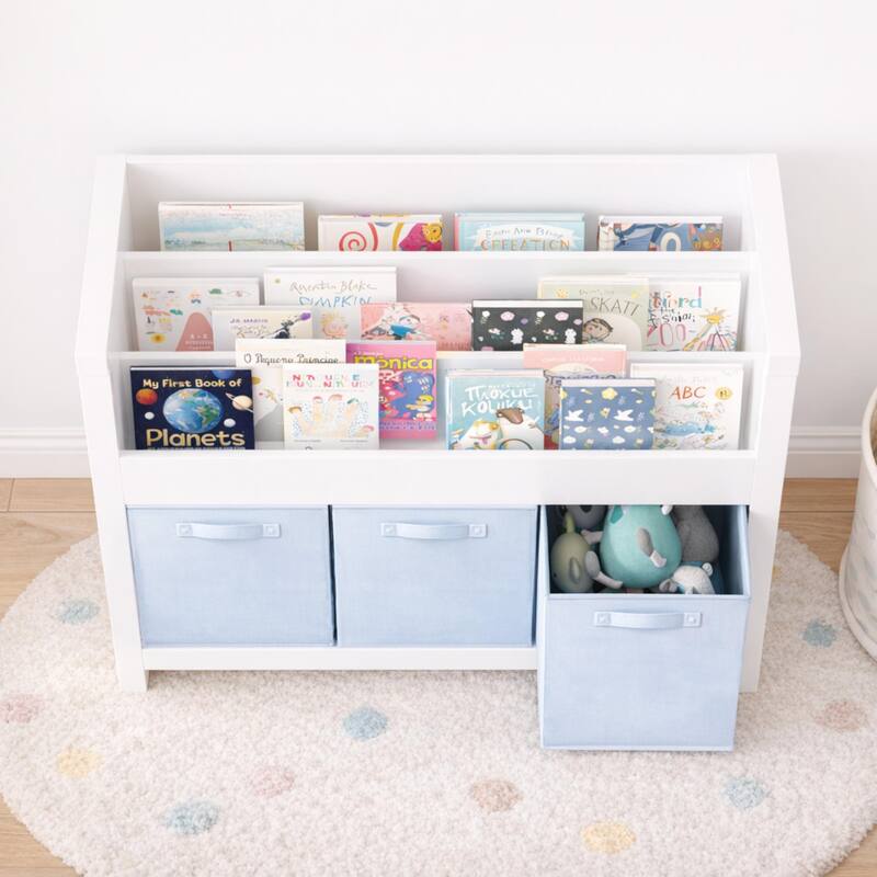 Anmytek White Kids Bookshelf with 3 Light Blue Fabric Bins - Wooden Book and Toy Storage Organizer with Tiered Display