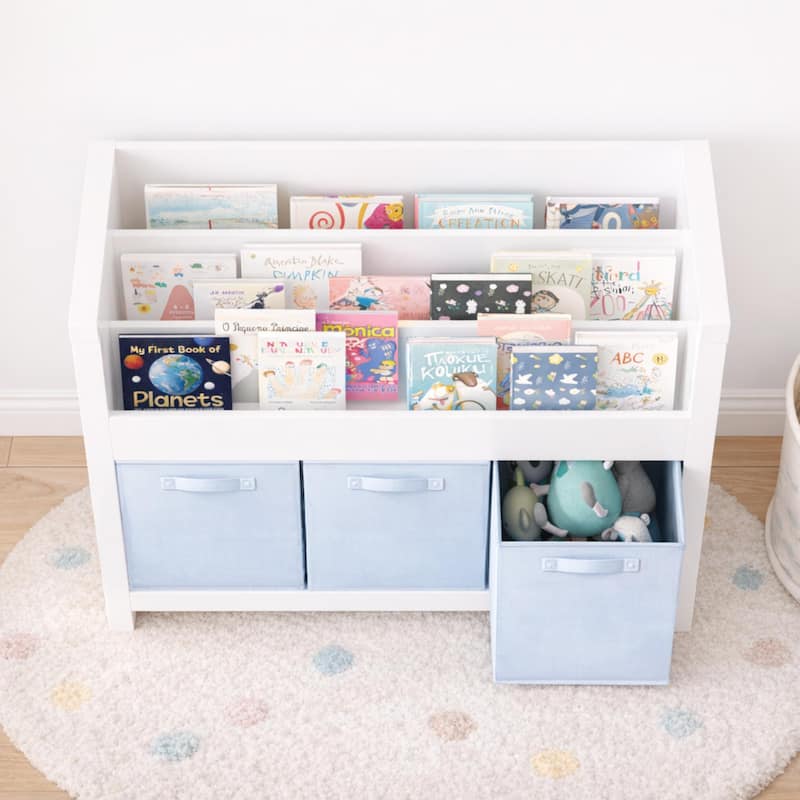 Kids Bookshelf with 3 Tier Front-Facing Storage and 3 Fabric Bins
