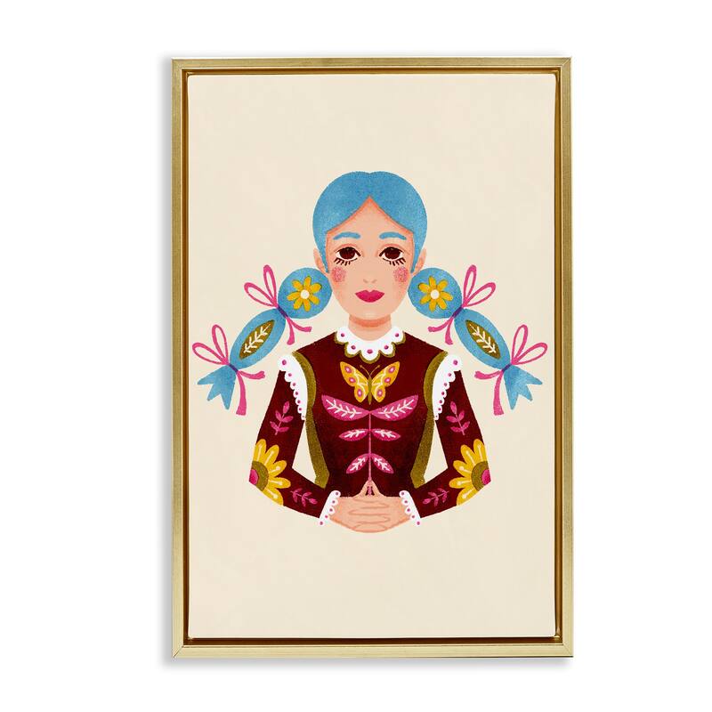 Stupell Blue Haired Girl Portrait Framed Floater Canvas Wall Art Design By Hannah Moren - 21 x 31 - Gold