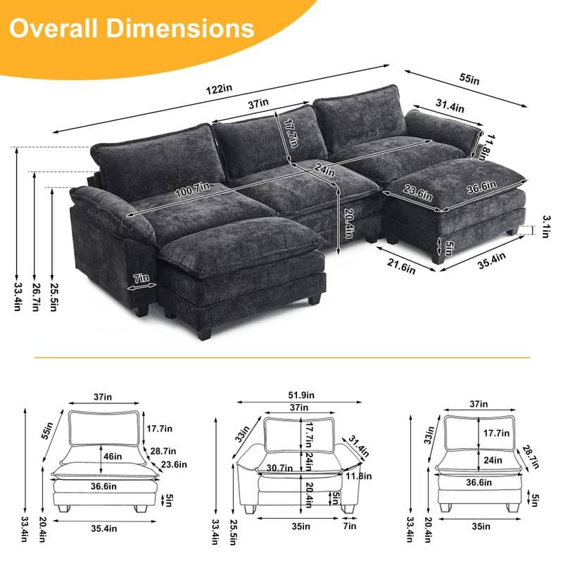 Double Layer Cushion Cloud Couch, Moludar Sofa With Reversible Ottoman For Living Room