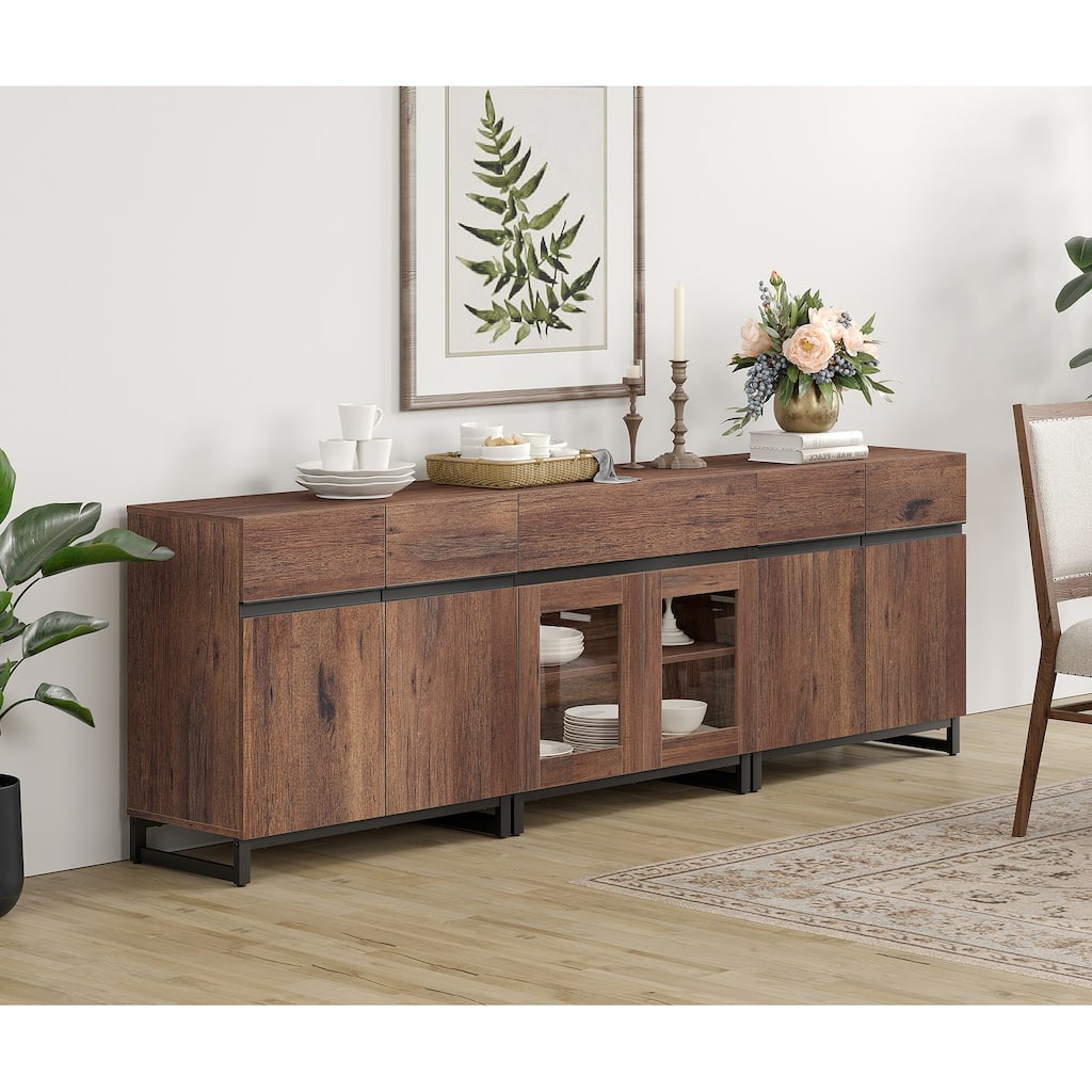 WAMPAT Modern Sideboard with Adjustable Shelves and Drawer, 3 in 1 Storage Cabinet with Glass Doors for Living Room, Kitchen