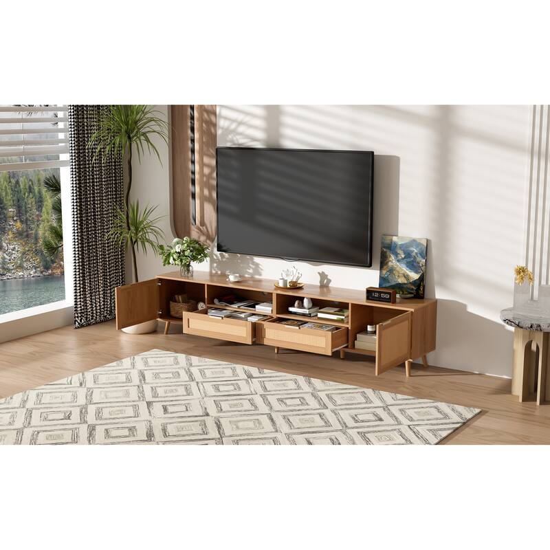 Roomfitters Rattan TV Stand for TVs up to 90 Inch, Modern Farmhouse Media Console with Solid Wood Legs, Walnut