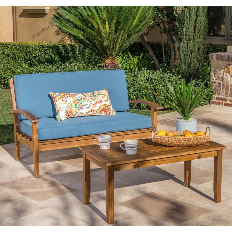 Peyton Outdoor Cushioned Acacia Wood Loveseat and Table Set by Christopher Knight Home - Blue
