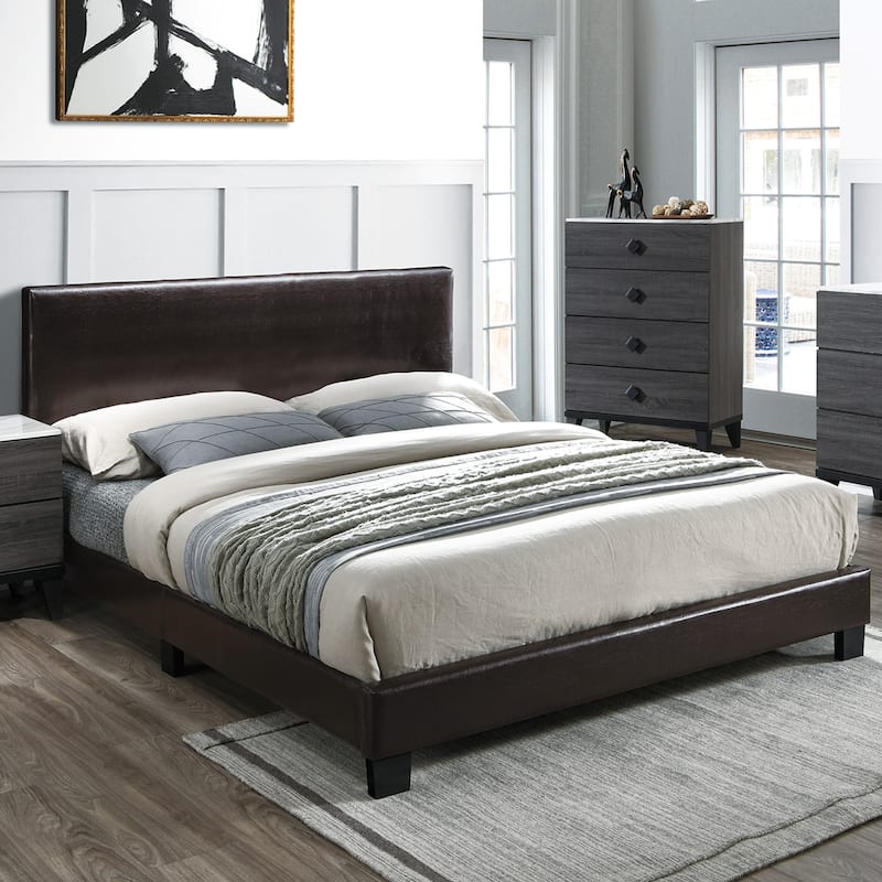 Queen Size Faux Leather Upholstered Bed with Adjustable Headboard, Modern Brown Bedframe - Brown