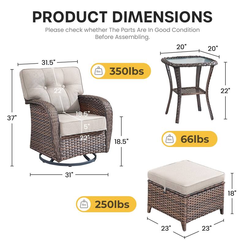 Gymojoy 5-Piece Outdoor Wicker Swivel Chair Set with Ottomans & Side Table, 5" Thick Cushions