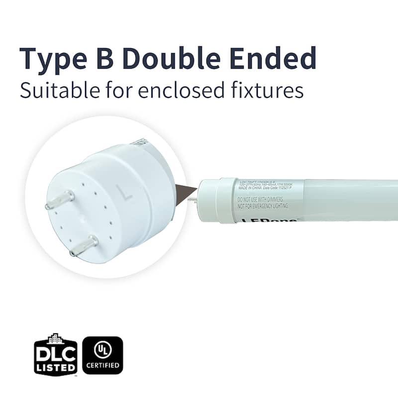 4FT T8 LED Tube Light, Type B Ballast Bypass Double Ended, 17W=45W, 2200LM, 5000K, Frosted, 25 Pack - White - 47.78