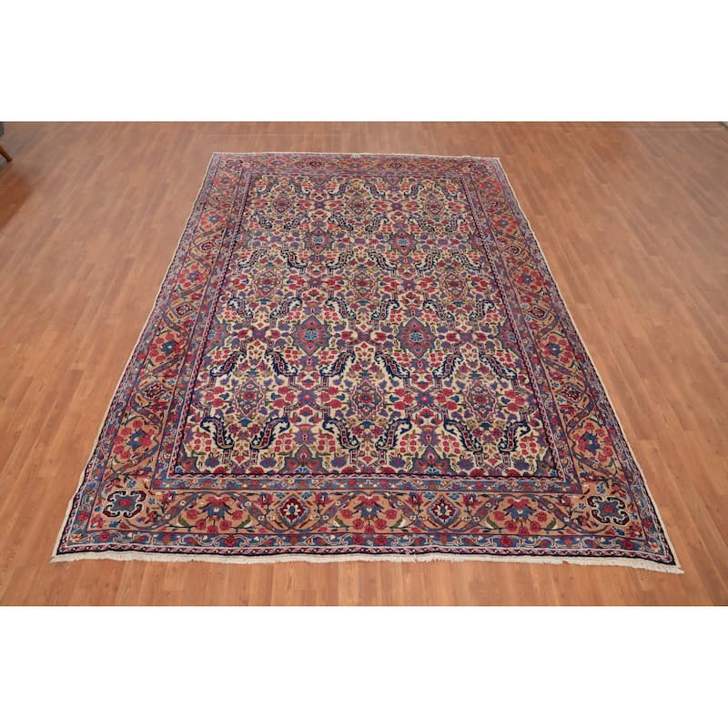 Hand Knotted Oriental 100% Wool Carpet Traditional Floral Beige & Ivories Kerman Area Rug - 11' 5'' X 8' 1''