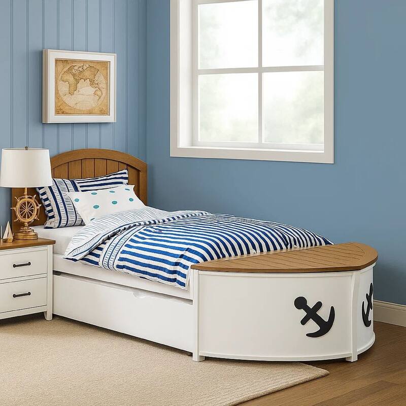 Evon Twin Captain Bed w Trundle, White, Oak Brown, Nautical Coastal Theme