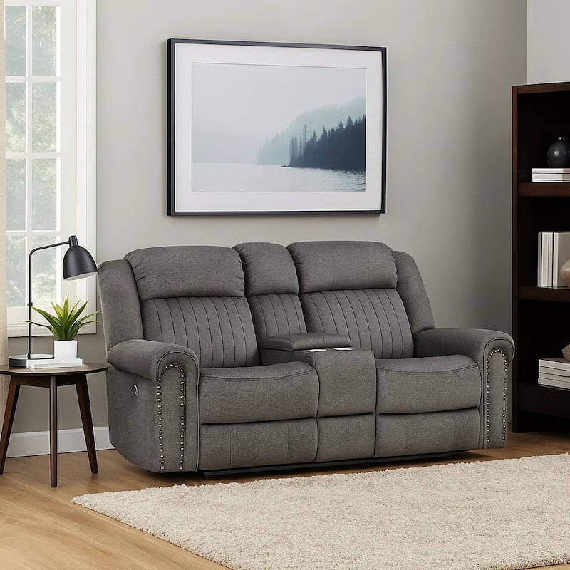 Ben 76 Inch Power Double Recliner Loveseat, Gray Microfiber, Console, Cupholders