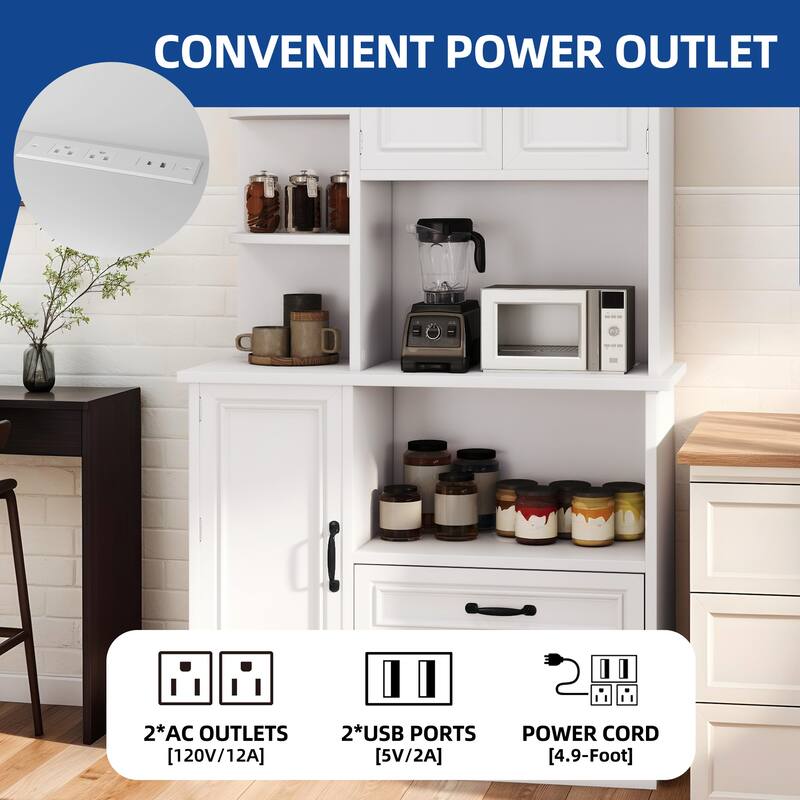 64" White Kitchen Pantry w/ Power Outlet, Sliding Racks & 3 - Tier Shelves